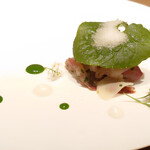 ラチュレ - 長野県産寒鯉のマリネ、葉山椒のピュレ、蕪のピュレ、冷たい柚子のソース