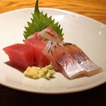 高太郎 - お造り盛合せ　　真鯛、釣り鯵、メジマグロ、すべて天草産