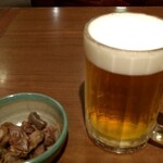 骨付鳥 一鶴 高松店 - 生ビール(大)　939円　とりもつ煮　433円