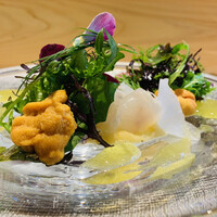 しまなみふれんち Murakami - 【前菜1】
                      魚島産ヒラメ+マダコとウニのサラダ仕立て、フェンネルのコンポート、カラマンシー（柑橘類）のドレッシング