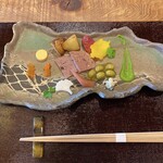 徳山鮓 - ⚫︎前菜ジビエのテリーヌ　徳山さんが獲った鹿、熊、猪。濃厚なテリーヌを秋のお野菜と一緒にいただきます♡