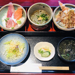 Tatsu Shin - ミニ丼セット 1000円 (海鮮丼・天丼・よもぎ麺・サラダ・味噌汁・漬物)