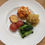 飛行船スタイル 南條 - 5種のオードヴル、上のニンジンとリンゴのラペから時計回りに、セロリの黒胡椒風味、小松菜のナムル、トマトのコンポート、サツマイモのオレンジ風味