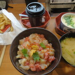 Muten Kurazushi - 海鮮丼＋茶碗蒸し＋ポテト＋コーヒー＋あら汁
