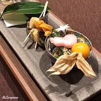 お料理 七草 - 煮鮑の松葉串､生唐墨､ｵｸﾗ胡麻和え､酸漿