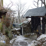 竹やぶ - 雪の舞う門付近