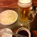 野毛ホルモンセンター - 生ビールとキャベツの千切り（お通し①）