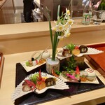 銀座 しのはら - 祝八寸：くわいの松風、鰻の昆布巻き、なまことこのこ、玉子真丈、河豚の白子和え、本モロコの千枚漬け巻きなどなど