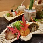 銀座 しのはら - 祝八寸：くわいの松風、鰻の昆布巻き、なまことこのこ、玉子真丈、河豚の白子和え、本モロコの千枚漬け巻きなどなど