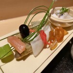 銀座 しのはら - 祝八寸：くわいの松風、鰻の昆布巻き、なまことこのこ、玉子真丈、河豚の白子和え、本モロコの千枚漬け巻きなどなど