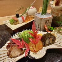 銀座 しのはら - 祝八寸：くわいの松風、鰻の昆布巻き、なまことこのこ、玉子真丈、河豚の白子和え、本モロコの千枚漬け巻きなどなど