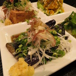 魚んと - 【再訪２】本日の早物。カボチャサラダ、ナスの揚げびたし、パリパリ揚げたて厚揚げ。枝豆おひたしは、サービス。