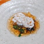 炭火割烹 白坂 - ⚫焼き白子　春菊　土佐酢ジュレ
