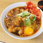 一由そば - ジャンボゲソ天＋紅しょうが天＋生卵そば