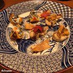 千陽 - 甘鯛若狭揚げ､海胆焼､富有柿､菠薐草の白和え､海老芋ﾁｯﾌﾟｽ