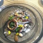 La Brianza - やりいかの軽い炙り菜の花イカの肝のソース。香ばしい香り甘みの感じられる味わいおいしい♪ 菜の花に春の香り感じる、店内に桜が飾られ、スタートからこの日こちらにお邪魔してよかったなと嬉しく思いました☆