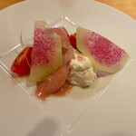 アドゥエパッシ - 敦賀のかわはぎのカルパッチョ　肝ソース