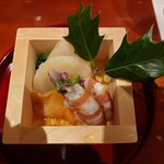 銀座 しのはら - 先付け～赤貝、車海老、ホッキ貝、菜の花、土佐酢煮凝り