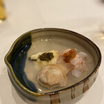 うぶか - 先付:縞海老　地蛤　湯葉　蕗の薹