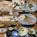 Shunno Aji Itouya - 2021年2月。鯛ごはんと蟹ごはんのハーフ&ハーフ定食　お刺身付き1100円。