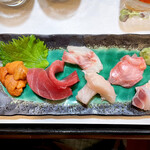 よねさん - 〈2021年03月再訪・95回目〉刺身盛り合わせ ・生雲丹、本鮪、石鯛、鰆、金目鯛等