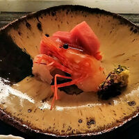 冨久屋 - シロエビとアオリイカのお造り、カラスミ添え