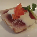 カジュアルフレンチ アミューズ - 2012/8　祝席　三種オードブル盛り合わせ①鮪のタタキわさびマヨネーズソース