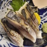 魚民 - 炙り〆サバ、ほっそ。