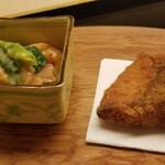 道人 - ⑥赤貝(大分県産)と分葱のぬた味噌和え 
      ⑦醤油漬け真名鰹(兵庫県淡路島産)のおかき揚げ
