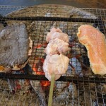 七里川温泉 - 豚の味噌焼？　焼き鳥、鮭の西京焼