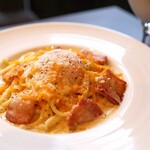 Rich carbonara with red cheddar and hot spring egg