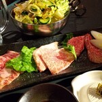 Yakiniku Himawaritei - 黒毛和牛希少部位３種盛合せ、チョレギサラダ（ハーフ）