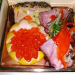 割烹かまた - 左下、ローストビーフ、いくら、鶏肉巻き