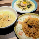 モルトヴォーノ - 茄子とツナのトマトクリーム、えびとあさりのトマトクリーム、たらこを和えた和風カルボナーラ【Dec.2020】