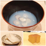 鮨 はしもと - しじみ汁　肝臓に効きそう♪
      
      ガリ　お店によってガリも様々、こちらは薄くスライスしてまた珍しいですね♪
      
      玉子焼き　芝海老のすり身の味わいが良いのです♪