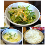 泰元 - ◆サラダ ◆ご飯はつやがあり美味しい。私は普通量にしましたけれど、大盛りは無料。 ただお代わりは追加料金がかかりますので、沢山召し上がりたい方は最初に大盛りにされた方がいいかと。 ◆玉子スープもタップリ。