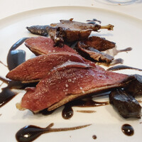 Ristorante Ecru - 鴨肉のロースト　メイン変更　＋2,000円
                    千葉県産の天然鴨を部位を分けて食べ比べ。
                    砂肝・ハツ・胸肉・ささみ・もも肉
                    ソースはサルミソース
                    もも肉が突出した美味しさ、ワイルドで滋味深い味わい。