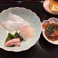 鮨 こだん - お造り：淡路のおこぜ おこぜの肝 淡路のヒラメ ポン酢で