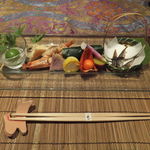 月のうさぎ - 前菜（豆アジ・かます寿司・さつまいも・チーズのサーモン巻・とうもろこし＆魚のすり身・エビの山椒焼き・鴨・梅のブランデー漬）