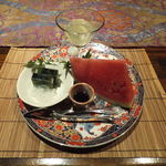 月のうさぎ - スイカ・かぼすゼリー・黒豆と抹茶の羊羹・コラーゲンゼリー（黒蜜） 