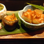 ふじ居 - かもあぶり・万願寺唐辛子とじゃこあえ・蛸柔らか煮、鱧皮胡瓜和え・だだ茶豆。