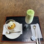 去来庵 - 自家製プリン、抹茶オレ