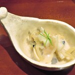 銀座 しのはら - 鉄皮とフグ身の白子和え