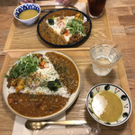 アオヤギ食堂 - ともえがけカレー（手前ライス普通盛、奥ライス小盛）