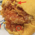 レストラン 代官山小川軒 - 矢印が鶏肉、左枠がライス、右枠が玉葱、ほぼ同じ大きさに揃っている。ナイフとフォークを使ってゆっくり食べる。