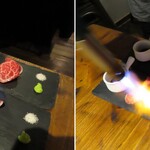 肉バル GYUUU - 炙り中の｢炙り肉寿司｣ヒウチ、イチボ