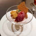 KIHACHI - ⚫デザート「フランボワーズのアイス　ピスタチオクリーム　苺のババロア」