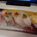 回転寿司みさき - 宮城五貫盛り(トロカジキ、スズキ、寒平目、アイナメ、むしほや)