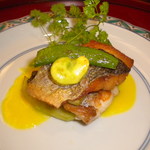 赤沢温泉ホテル - 赤沢会席　焼物　伊先と加茂茄子の博多焼き　とうもろこしソース　天豆　スナックビース　
      