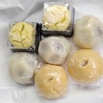 山田菓子店 - (左から)黄味しぐれ、ゆでまんじゅう、たんさんまんじゅう